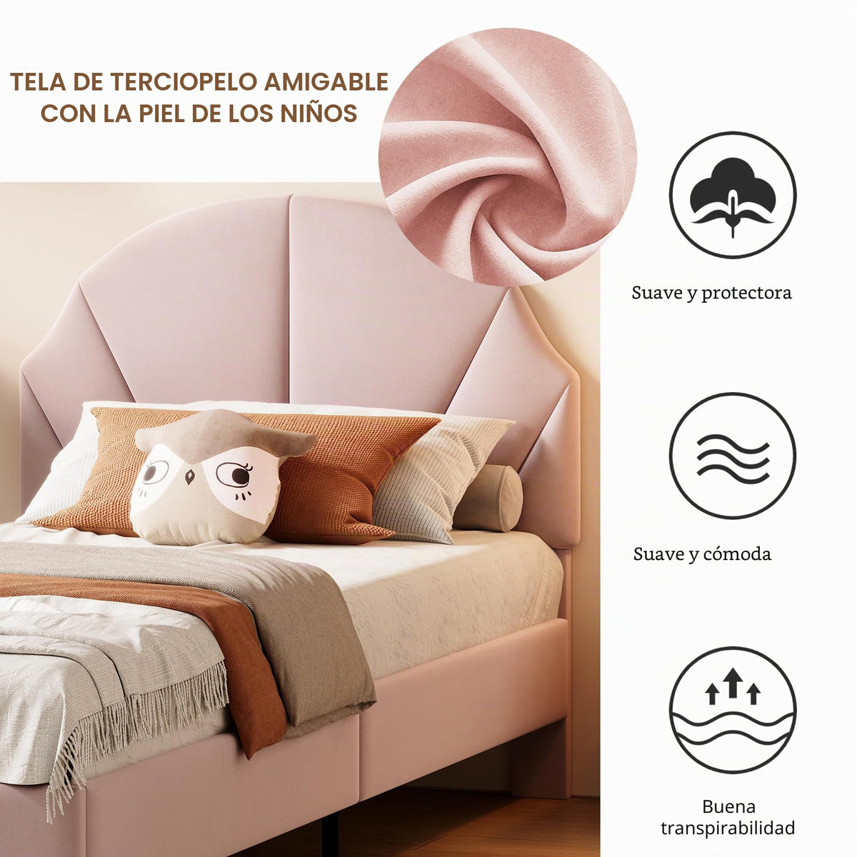 Cama Infantil tapizada 140 x 200 cm con LED, Cama tapizada para niños 140 x 200 con cabecera Ajustable Marco de Camas, Camas de Princesa para Niña en Forma de Corona con Somier(Rosa, 140 x 200)