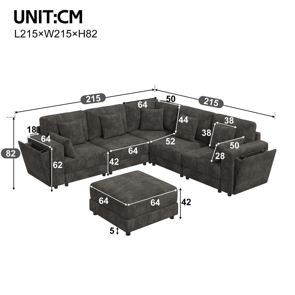Sofá modular de 6 plazas, sofá esquinero en forma de L/U, puertos USB/tipo C, portavasos y espacio de almacenamiento, tela de chenilla, 7 cojines, salón, dormitorio y oficina, color beige