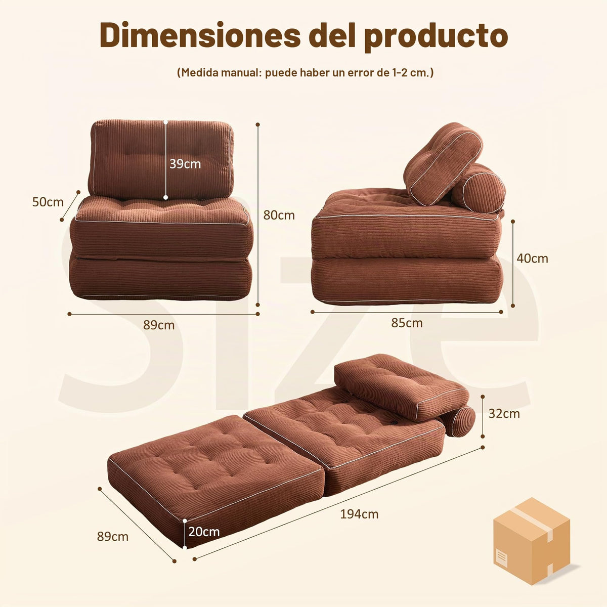 Sofá Convertible 4 en 1, Sofá Cama 1 Plaza, Pana, Negro