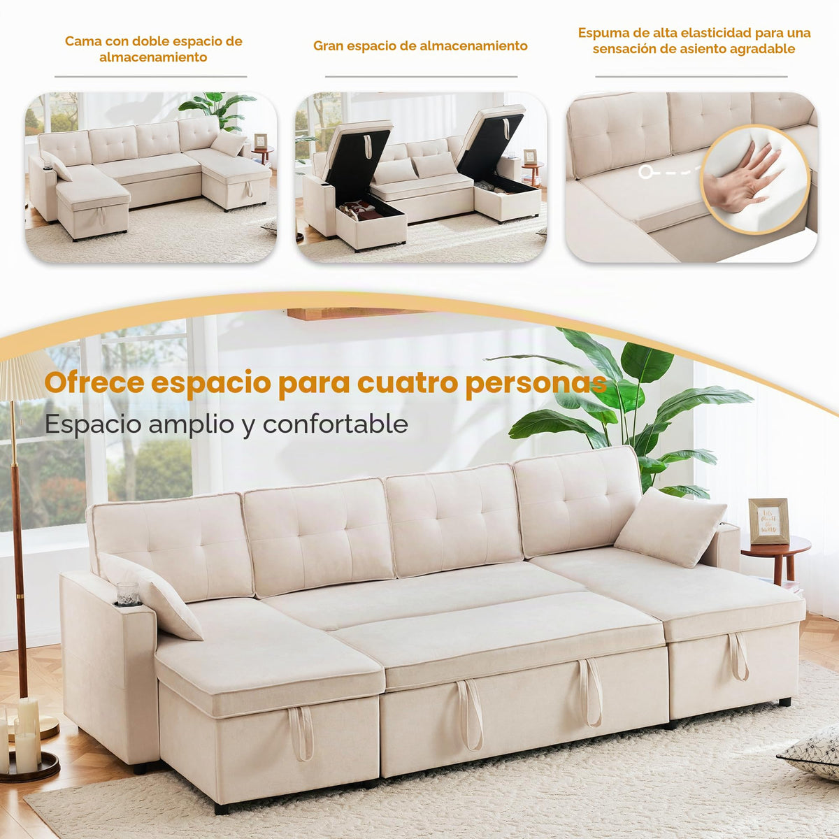 Sapgaks Sofá Seccional en U Moderno,Sofá 4 plazas,Mueble Acolchado de diseño Moderno,Tela de Chenilla (Beige)