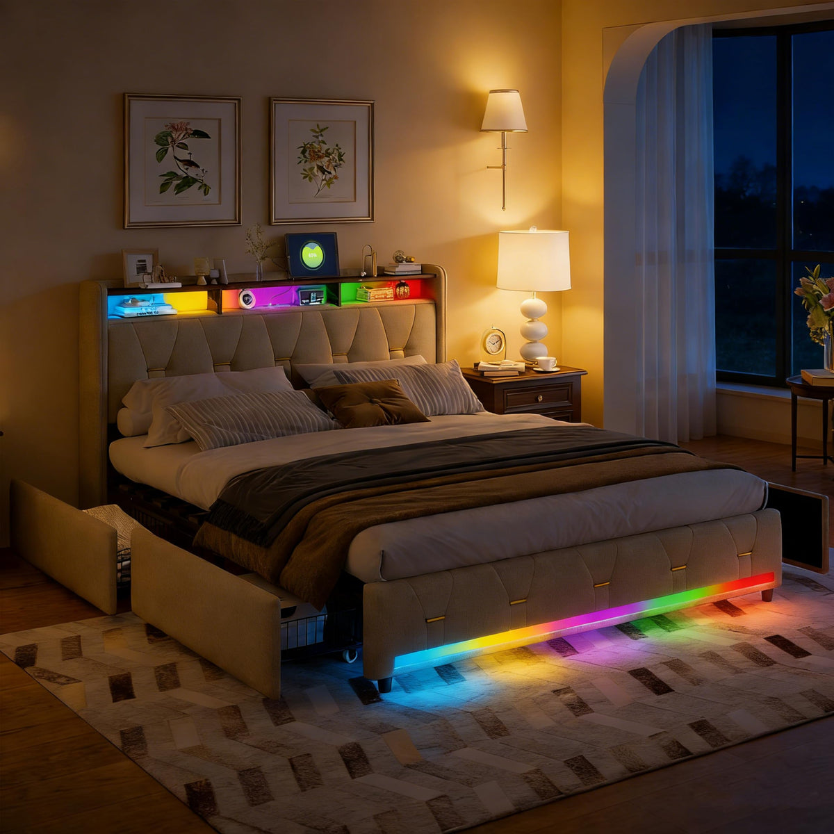 Estructura de Cama de Cuero 160x200cm con Carga USB Type-C, Blanco