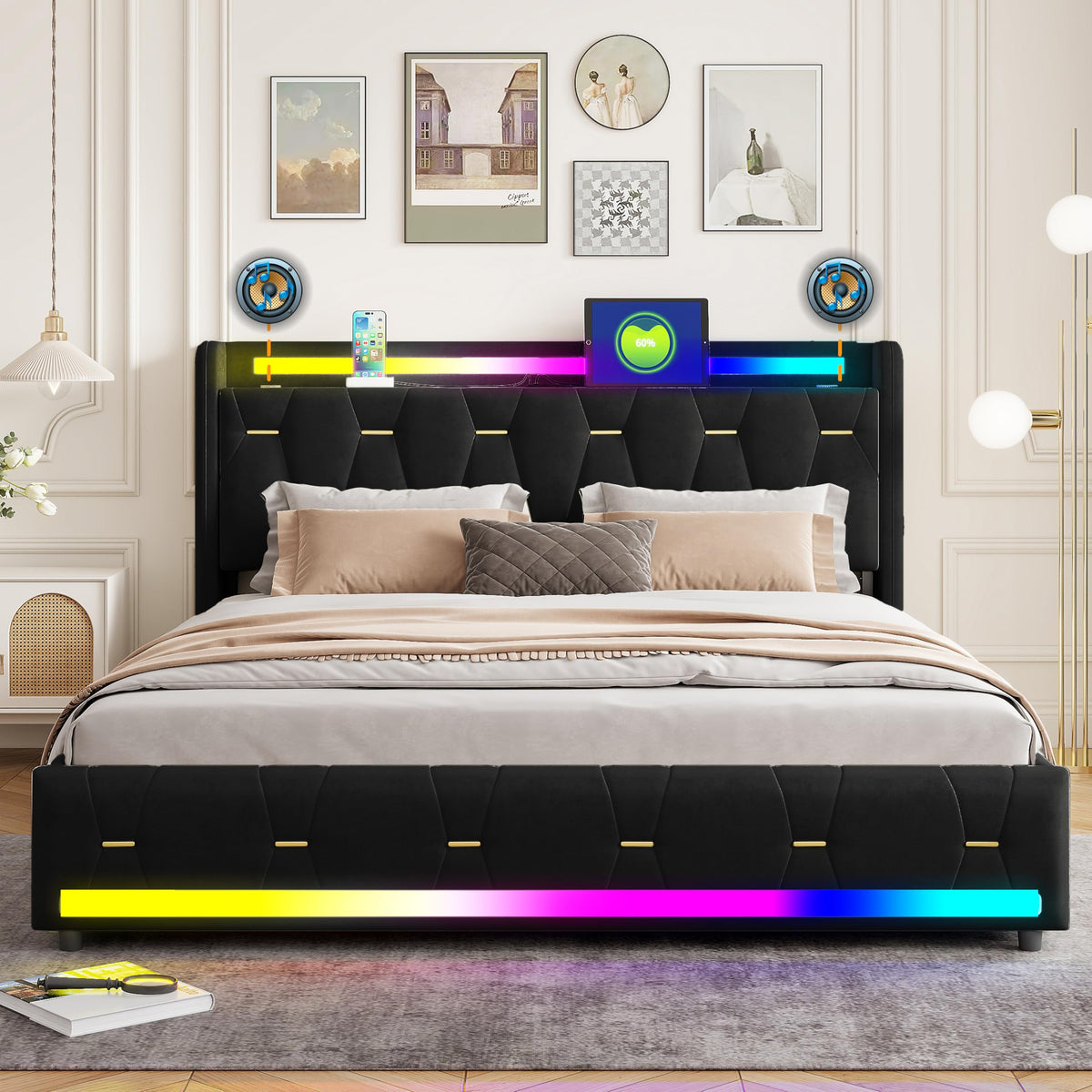 Estructura de Cama de Cuero 160x200cm con Carga USB Type-C, Blanco