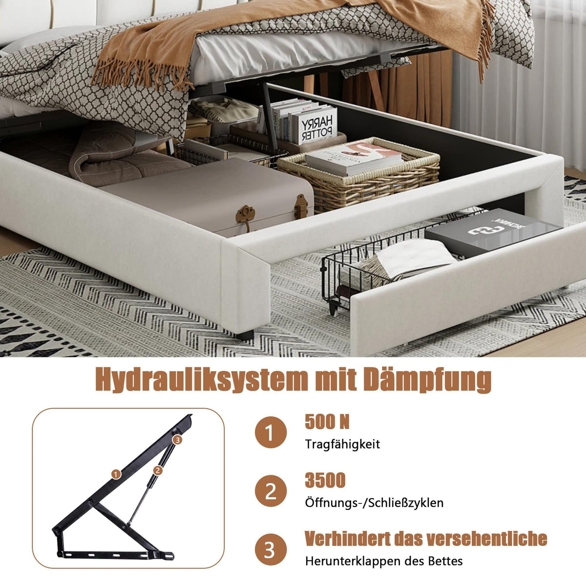 BRILVERDE Cama Tapizada 160x200 con Almacenamiento, Cama matrimonial con cajones, Cama Nido con LED, Cabecero Acolchado y Base de Láminas, Terciopelo (Beige, 160 x 200 cm)