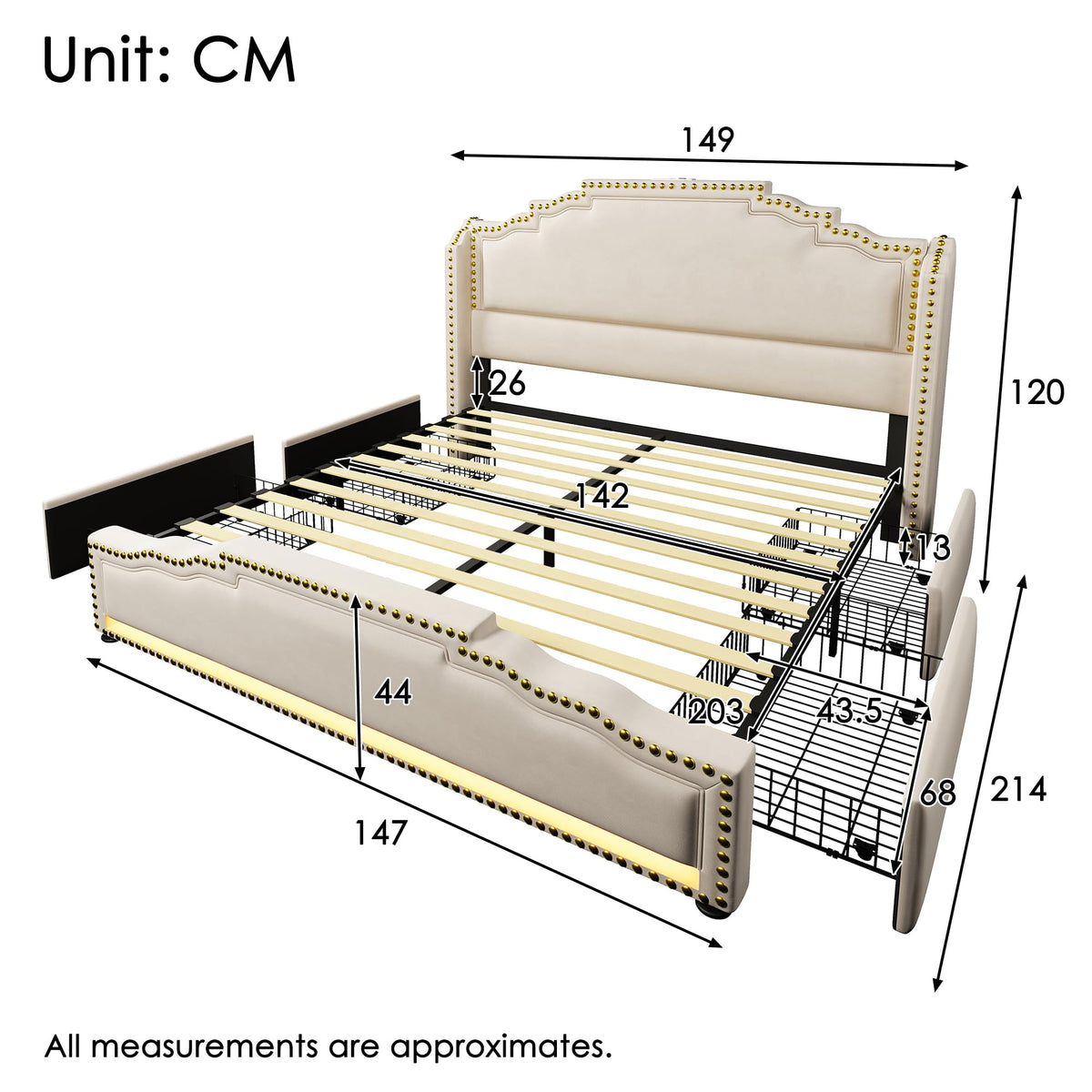 Cama tapizada de 160 x 200 cm, cama doble con 4 cajones, iluminación LED y puerto de carga USB-C, cama de almacenamiento y cama juvenil con somier, terciopelo, beige, sin colchón