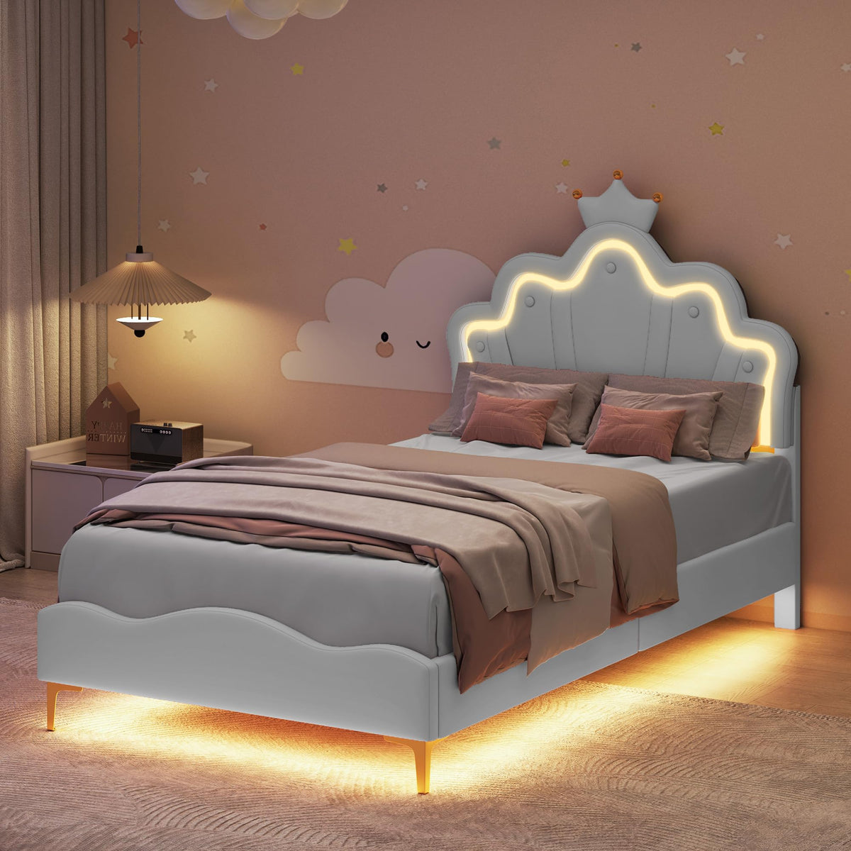 LIVLUX Cama Tapizada 90 x 200 cm, Cama Princesa con Cabezal LED Ajustable y Somier de Lamillas, Cama para Niña, Diseño en Forma de Corona para Niños y Adolescentes (Rosa, 90 x 200 cm)