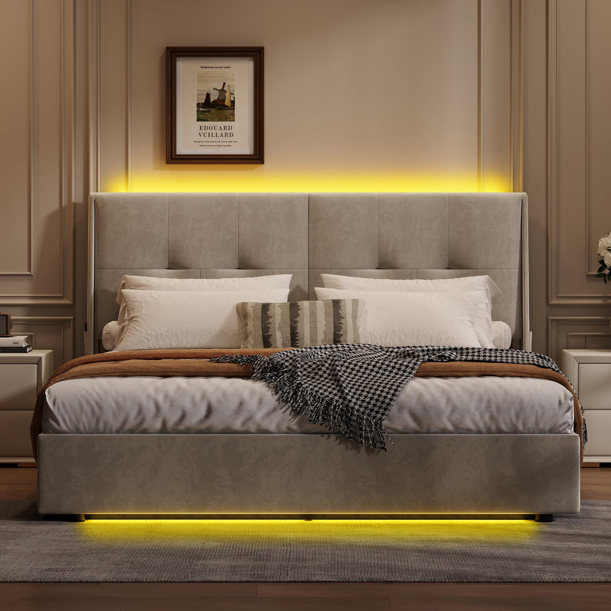 BRILVERDE Cama Tapizada 160x200 con Almacenamiento, Cama matrimonial con cajones, Cama Nido con LED, Cabecero Acolchado y Base de Láminas, Terciopelo (Beige, 160 x 200 cm)