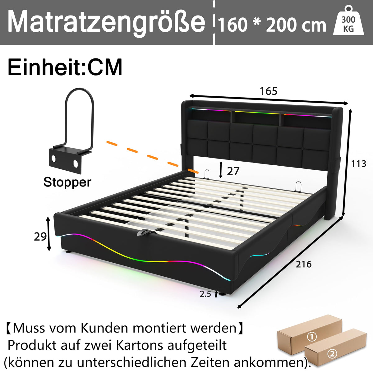 Estructura de Cama de Cuero 160x200cm con Carga USB Type-C, Blanco