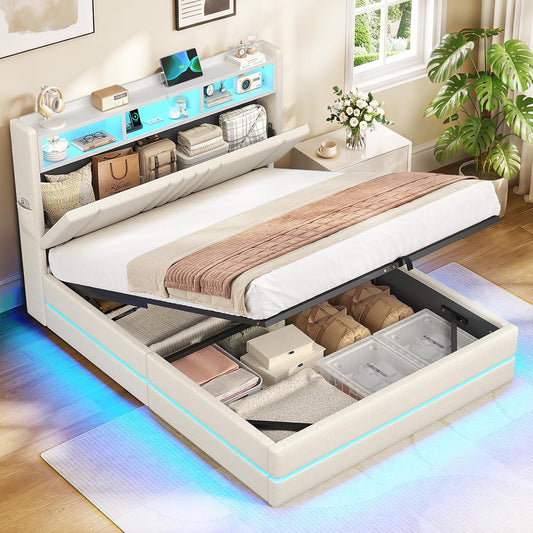 AOGLLATI Cama Matrimonial 140x190 cm con Almacenamiento Hidráulico, Lino