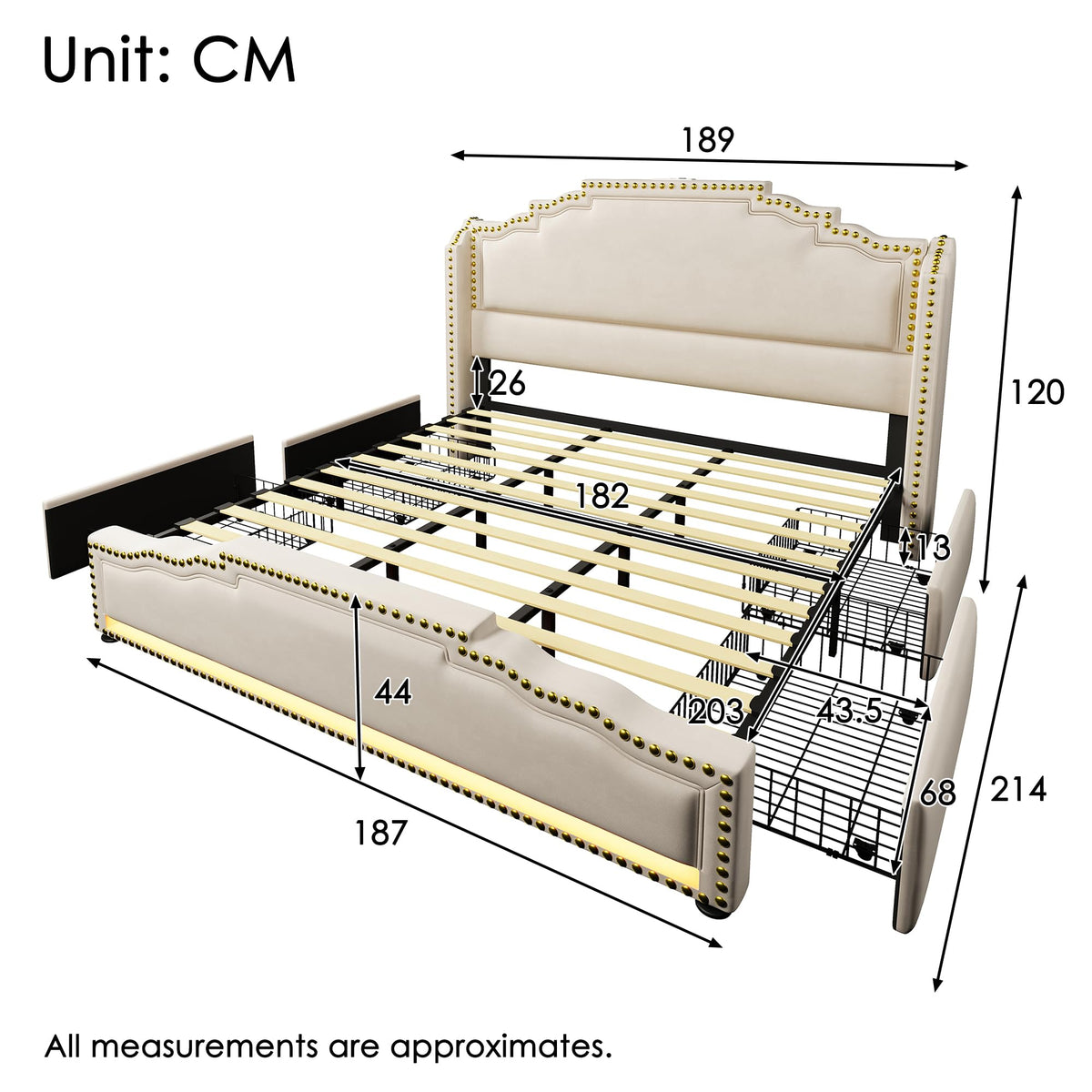 Cama tapizada de 160 x 200 cm, cama doble con 4 cajones, iluminación LED y puerto de carga USB-C, cama de almacenamiento y cama juvenil con somier, terciopelo, beige, sin colchón