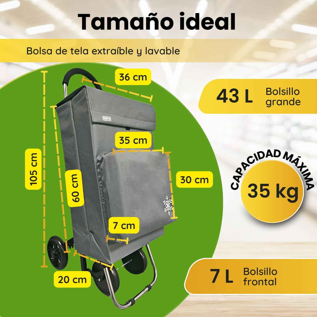 Carro de la Compra de 50L con Compartimento Refrigerante | Carrito Compra de 4 y 2 Ruedas Ideal para Supermercado (Requiere Montaje)