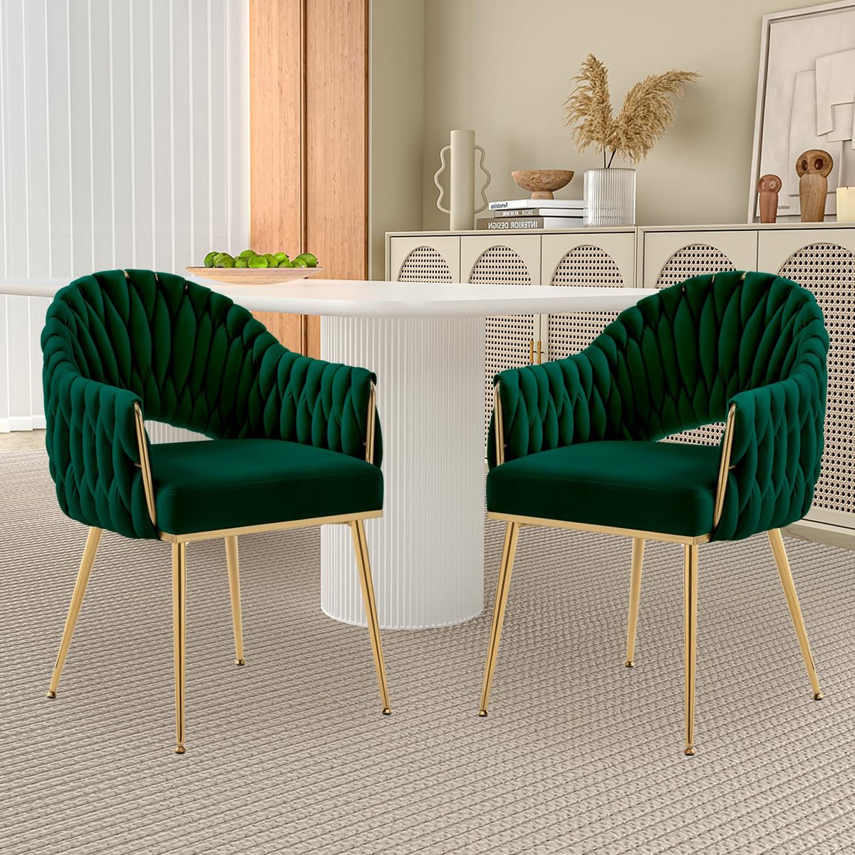 Juego de 4 sillas de comedor de terciopelo, sillones de salón, sillas de comedor con reposabrazos, sillas de cocina con respaldo alto trenzado a mano, silla de tocador con patas doradas