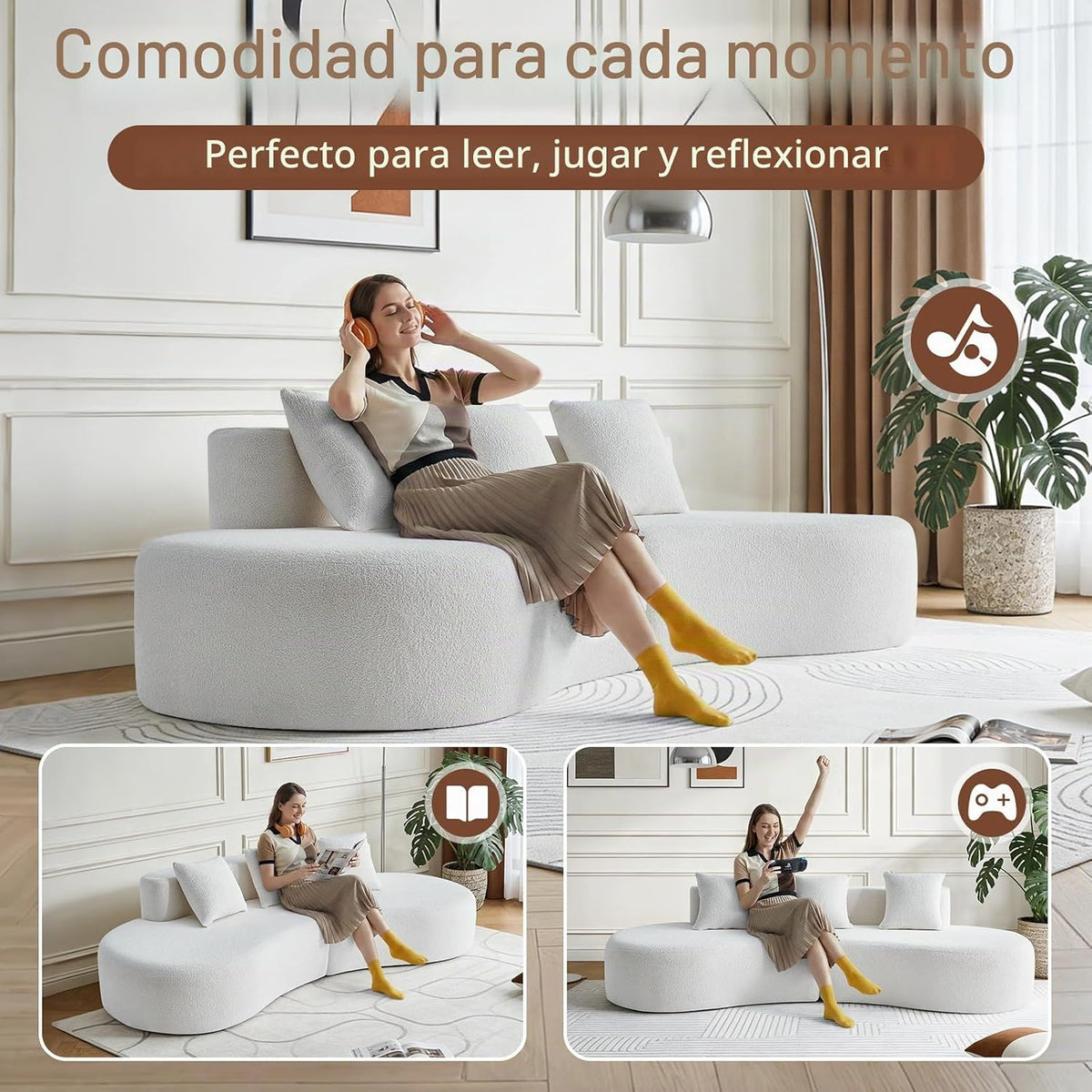 Bladez Sofá esquinero moderno curvado de 5 plazas, sofá modular de terciopelo, diseño curvado, cómodo sofá tapizado, cómodo sofá tapizado con cojines, adecuado para salón y apartamento, color blanco
