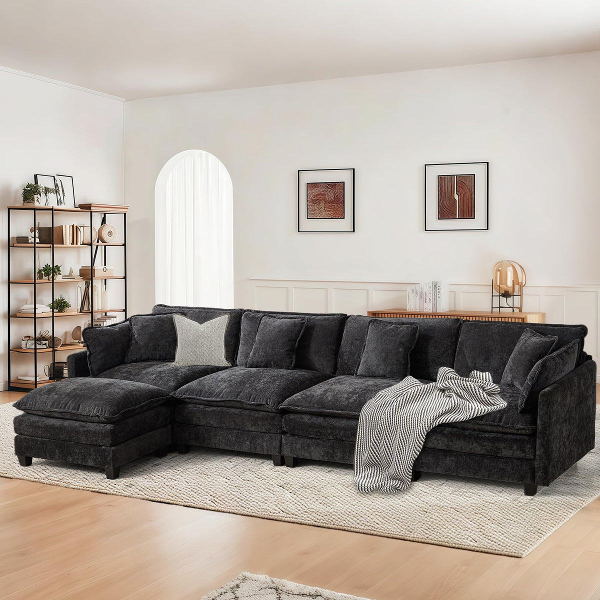 Sofá de salón modular 4 plazas 380cm, chenilla azul con cojines dobles