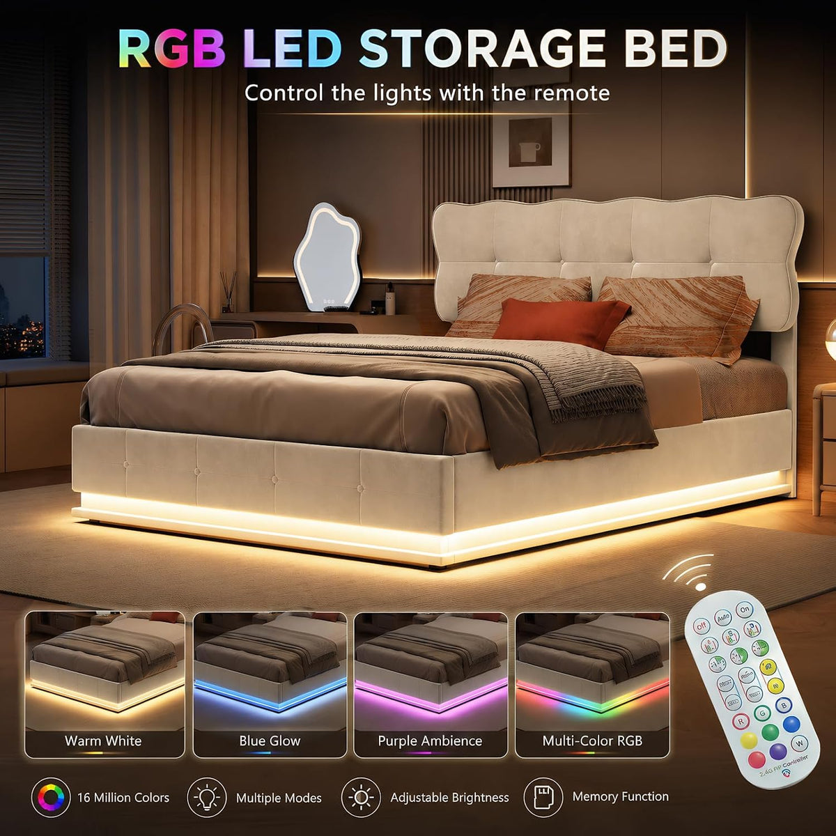 BRILVERDE Cama Tapizada 140x200 con Almacenamiento hidráulico, Cama matrimonial con Toma USB y luz LED, Cabecero Acolchado y Base de Láminas, Terciopelo (Beige, 140 x 200 cm)