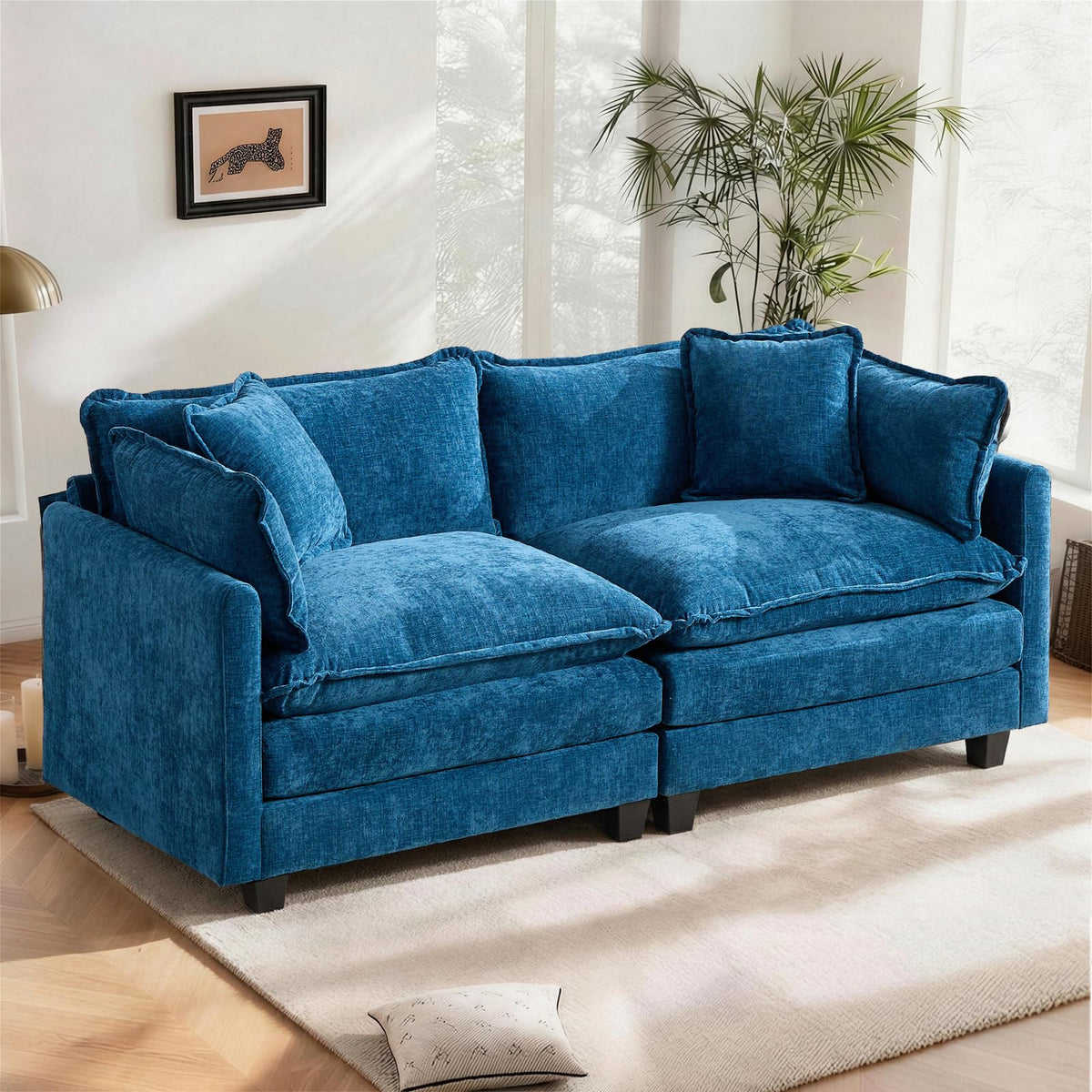 Sofá de salón modular 4 plazas 380cm, chenilla azul con cojines dobles