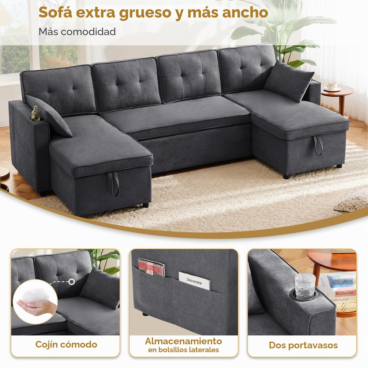 Sapgaks Sofá Seccional en U Moderno,Sofá 4 plazas,Mueble Acolchado de diseño Moderno,Tela de Chenilla (Beige)