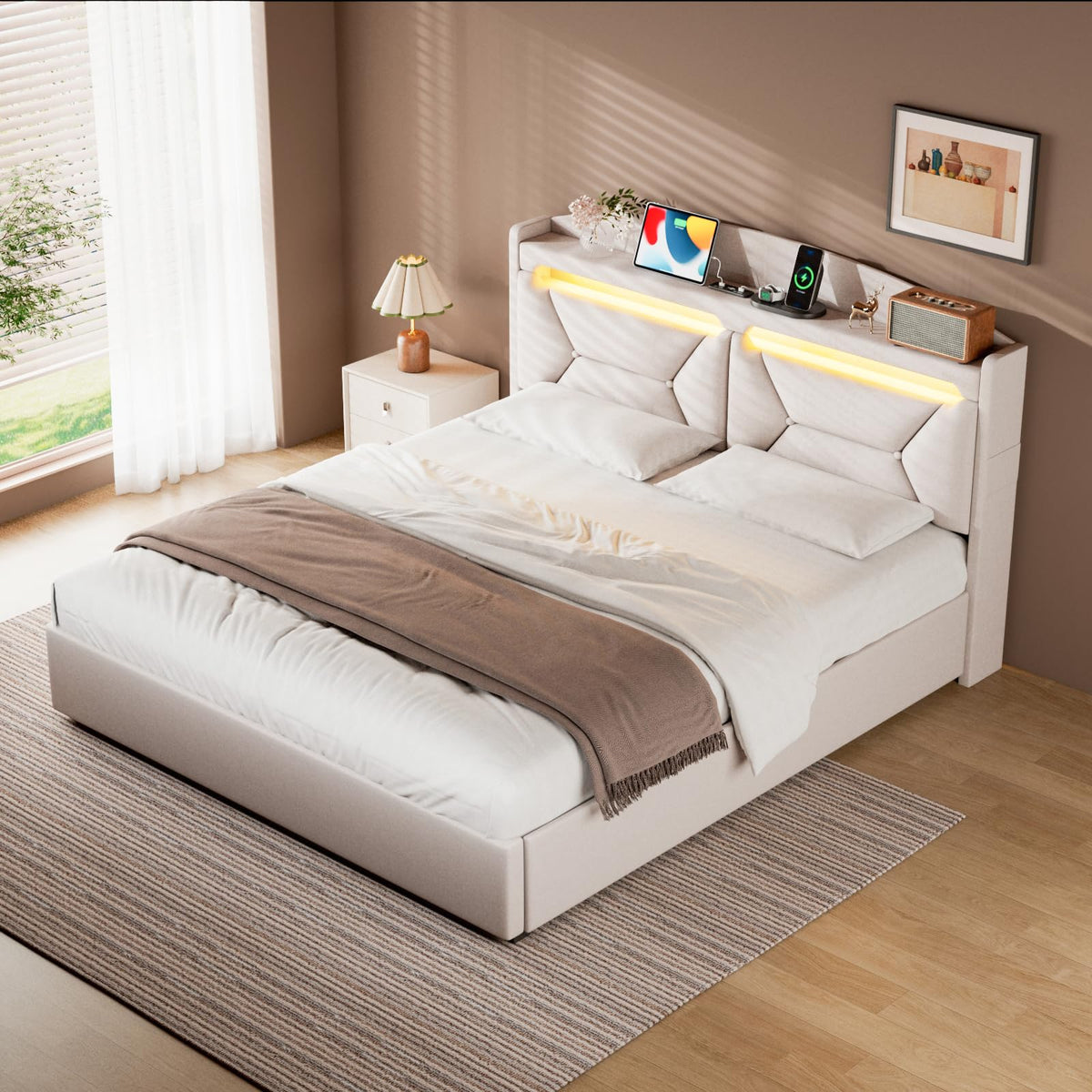 Cama 90x200 cm con Almacenamiento, Cama Individual con LED, Puertos USB y Type-C, Somier 90x200 Hidráulico, Camas Juveniles Camas Infantiles con Cabecero, Lino, Beige, Colchón No Incluido