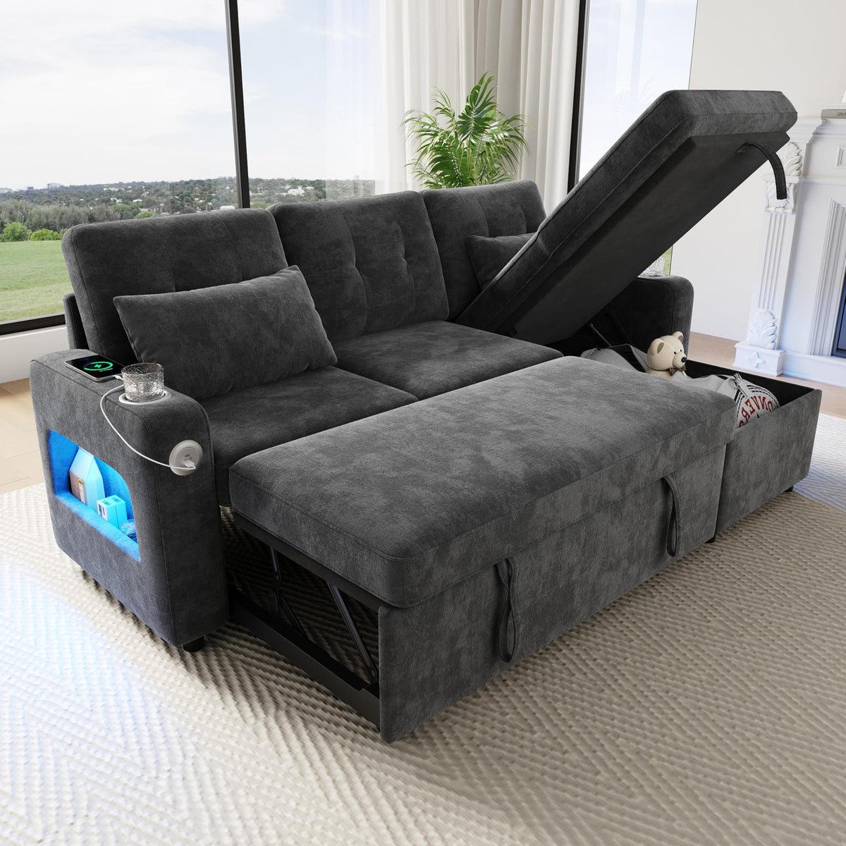 Sapgaks Sofá de esquina convertible de 6 plazas con USB, sofá convertible de 6 plazas, sofá de 6 plazas, en chenilla, con apoyabrazos en forma de librería, puf extraíble para configuraciones en L y en