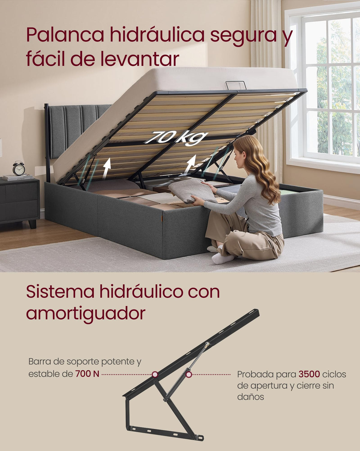 VASAGLE Estructura de Cama, 160 x 200 cm, Cama Elevable, 2 Personas, con Almacenaje, Cabecero, Sistema Hidráulico, Moderno y Minimalista, Fácil Montaje, Beige Capuchino RMB615LH01