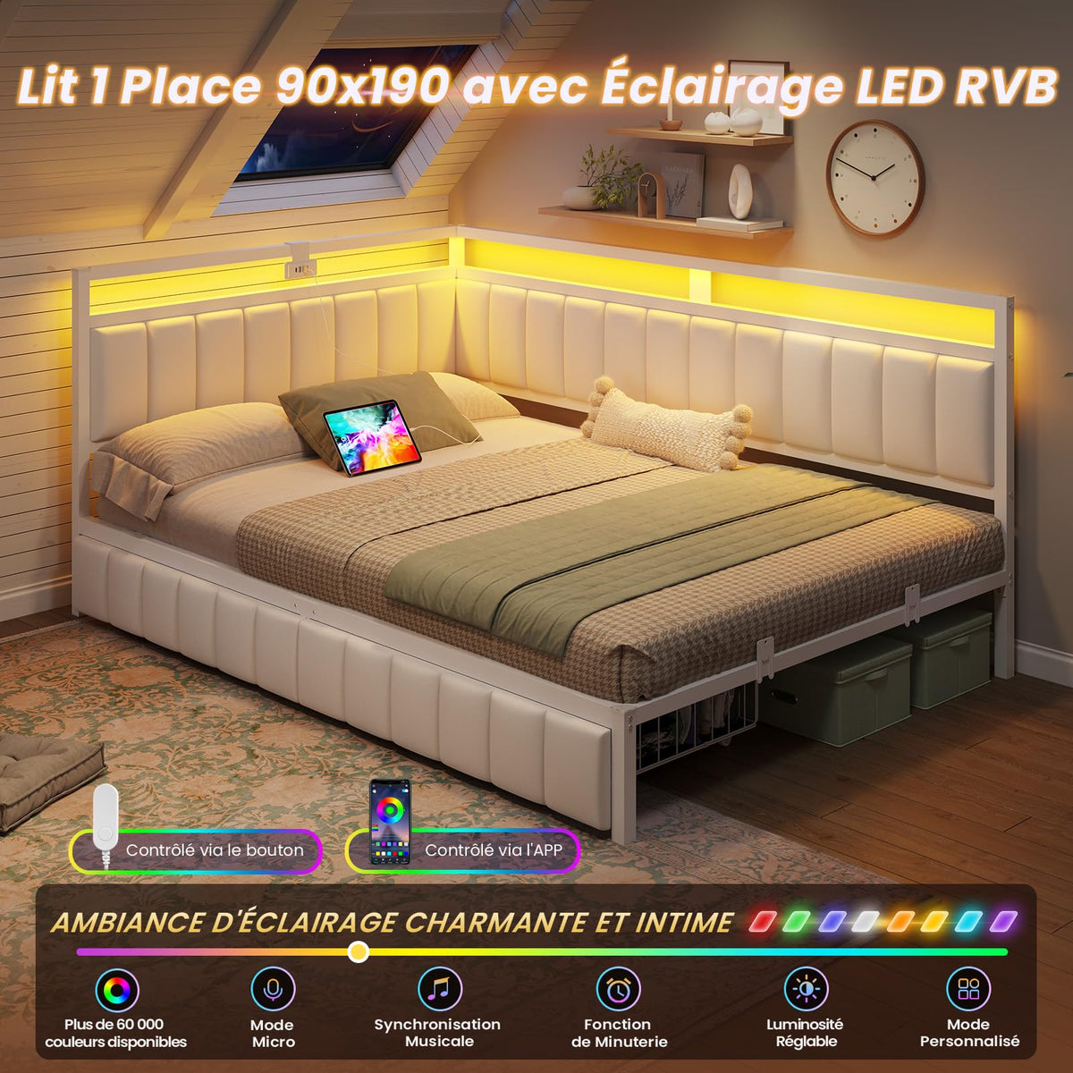 DICTAC Cama Tapizada Sofá Cama 90 x 190 cm con iluminación LED y Toma USB,Camas Juvenil con 2 cajones de Almacenamiento, Estructura de Cama de 90x190 con somier de láminas de Metal, Gris Oscuro