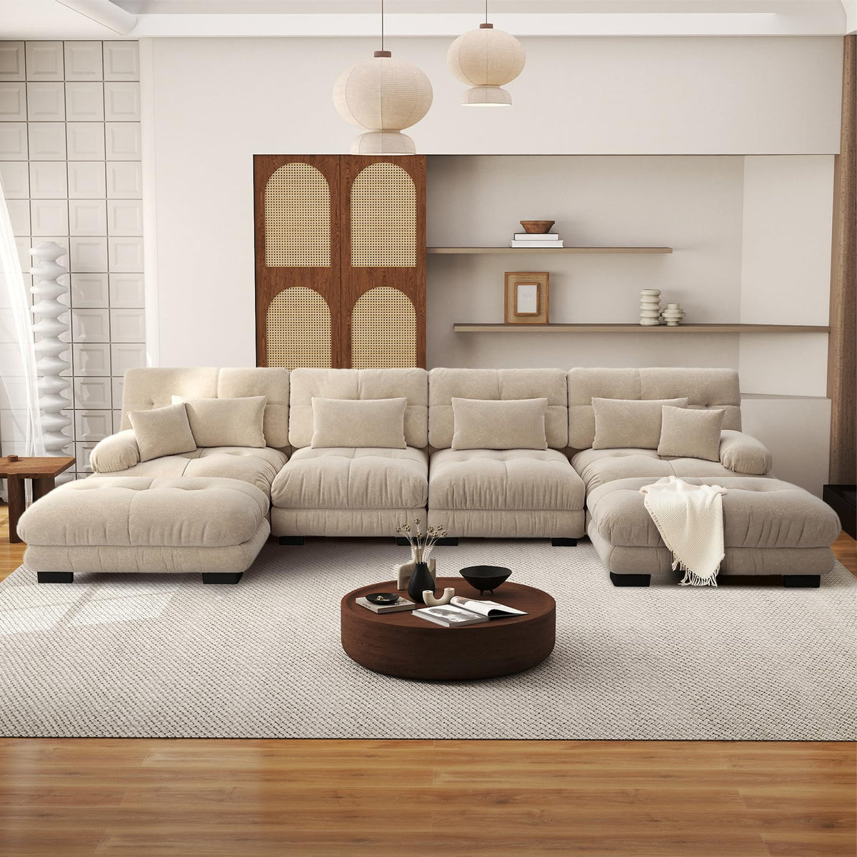 SoarFlash Sofá U Modular de 4 plazas para salón Moderno, sofá Nube de Tela Chenille con reposabrazos, Color Amarillo, 145×406 cm