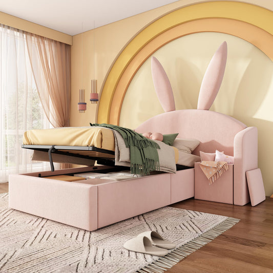 Kebnor Cama tapizada de terciopelo, orejas de conejo, cabecero con espacio de almacenamiento y mesita de noche, cama juvenil de diseño (sin colchón) (beis, 90 x 190 cm)
