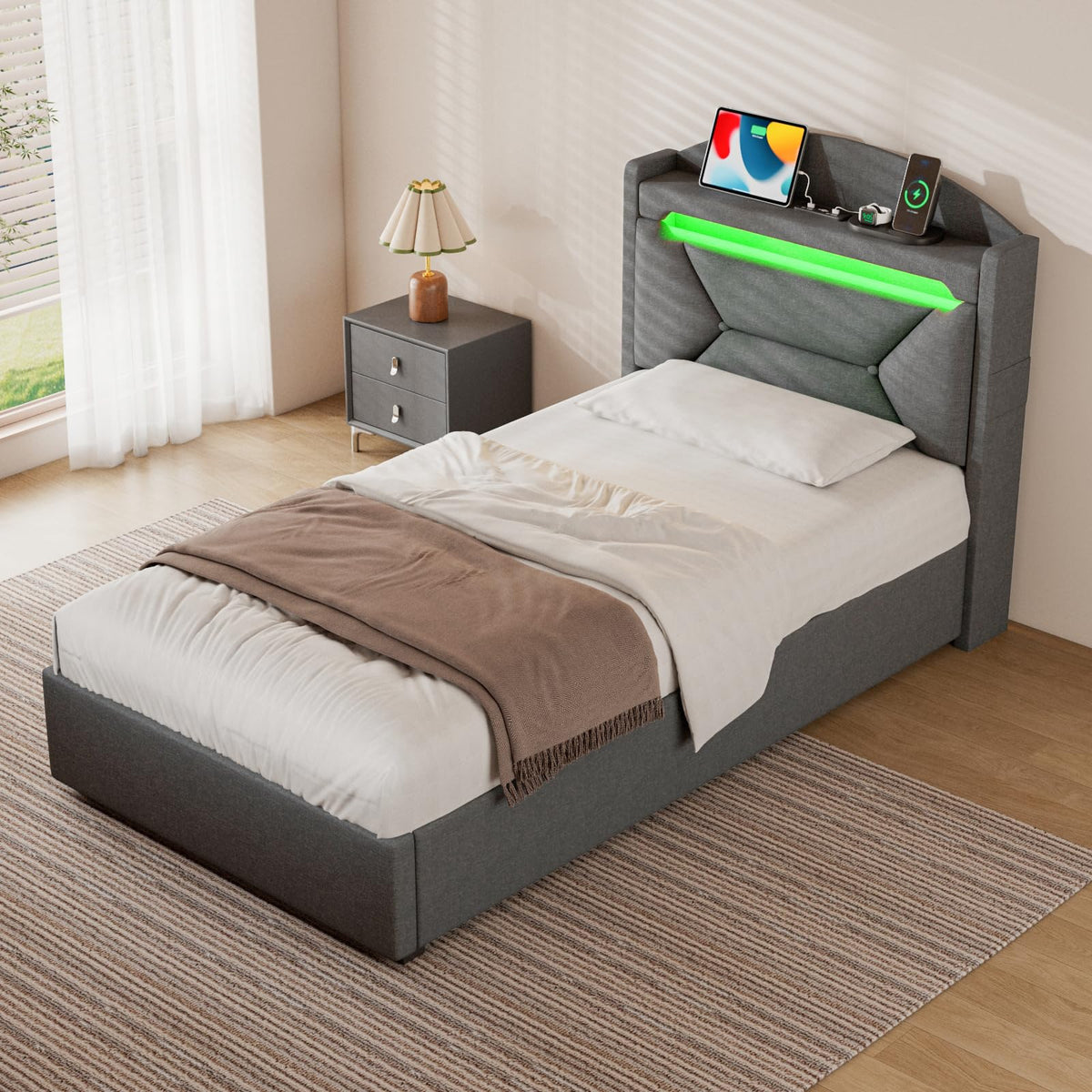 Cama 90x200 cm con Almacenamiento, Cama Individual con LED, Puertos USB y Type-C, Somier 90x200 Hidráulico, Camas Juveniles Camas Infantiles con Cabecero, Lino, Beige, Colchón No Incluido