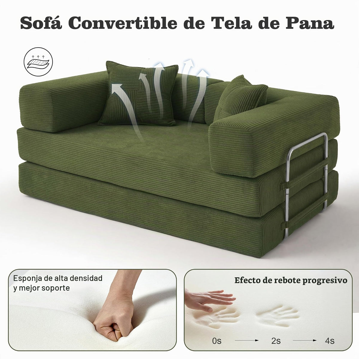 Vipbear Sofá Cama Pana 200×100×70 cm, sofá de Suelo transformable 5 en 1, Espuma de Alta Densidad, Apto para Mascotas y ergonómico, sin Montaje, Verde