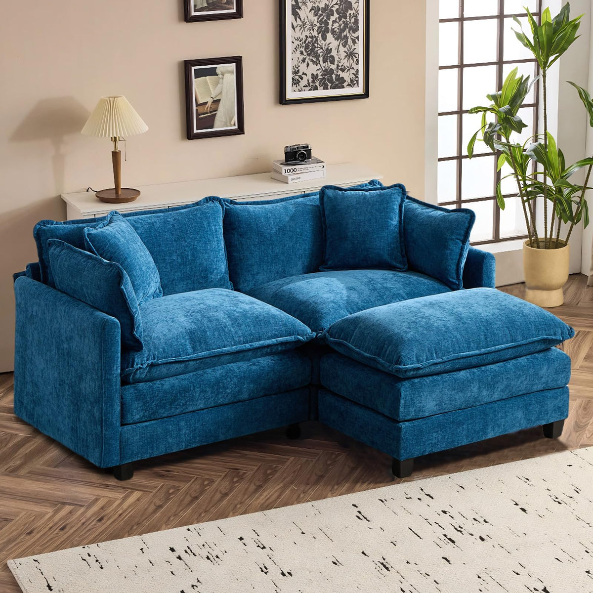 Sofá de salón modular 4 plazas 380cm, chenilla azul con cojines dobles