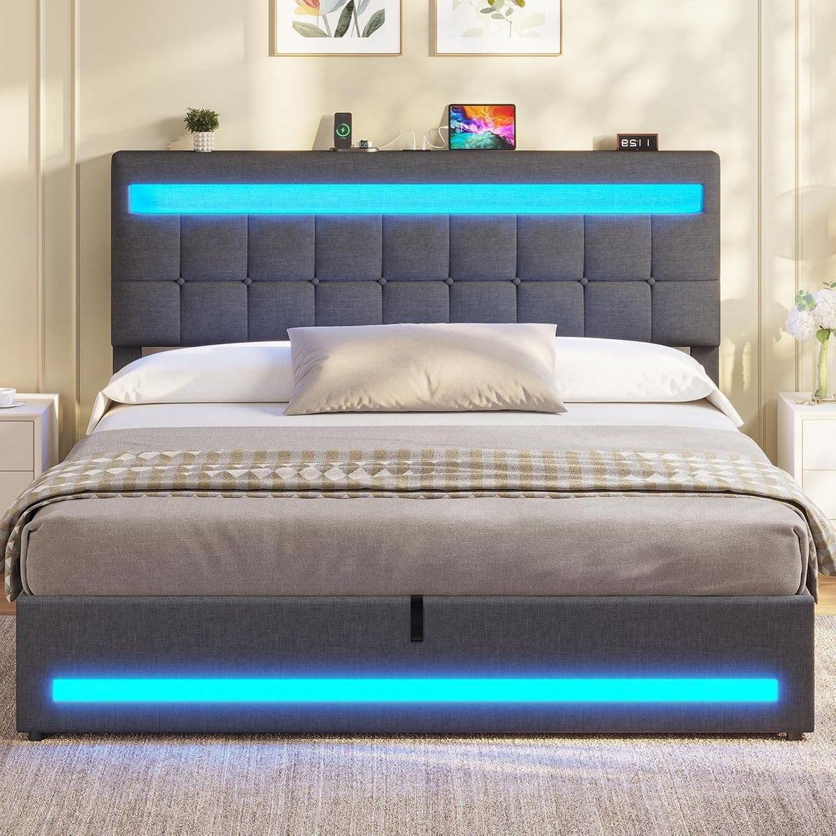 AOGLLATI Camas Matrimoniales 140x190 cm con Almacenamiento Hidráulico, Cama Canapé con Cabecero Ajustable, Estructura de Cama con Luces LED y Estación de Carga (USB y Tipo-C), Gris Oscuro