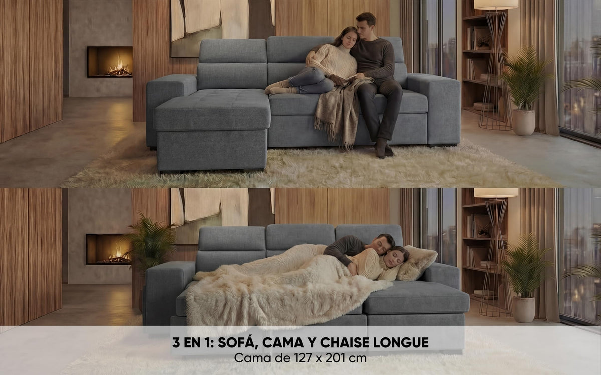 BUDWING John Sofá Cama Esquinero 4 Plazas - Chaise Longue Reversible, Reposacabezas Ajustable y 2 Pufs – Tapizado en Poliéster – Estilo Moderno – 263x161x96 cm – Gris Claro