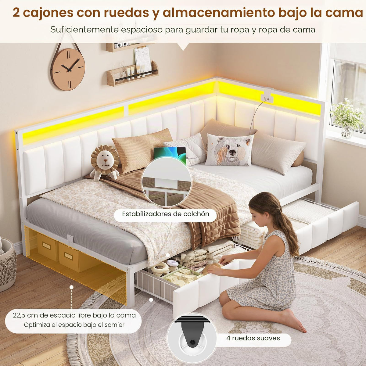 DICTAC Cama Tapizada Sofá Cama 90 x 190 cm con iluminación LED y Toma USB,Camas Juvenil con 2 cajones de Almacenamiento, Estructura de Cama de 90x190 con somier de láminas de Metal, Gris Oscuro