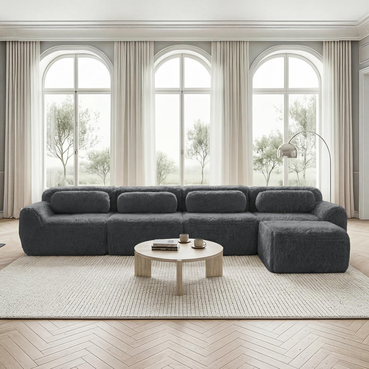 Sofá modular combinable en forma de L de 4 plazas, tejido de felpa con cojines, espuma de alta elasticidad, diseño chaise longue para salón o dormitorio (negro)