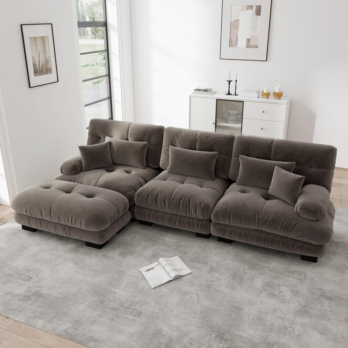 Sofá seccional Cloud en forma de L de 4 plazas con otomana móvil, ciniglia paisaje residencial con asiento profundo y reposabrazos anchos, gran sofá de sala para apartamento