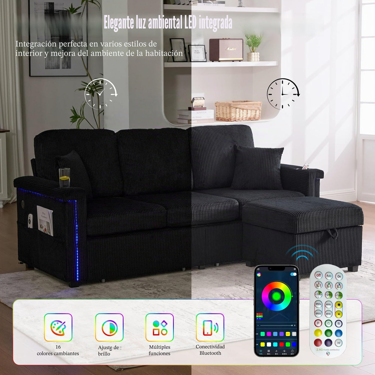 Lubvtti Sofá cama de 3 plazas moderno con función de cama, con espacio de almacenamiento, cargador USB, reposabrazos portaobjetos y 2 cojines, sofá de esquina en L, sofá de 3 plazas, chenilla (C-gris)