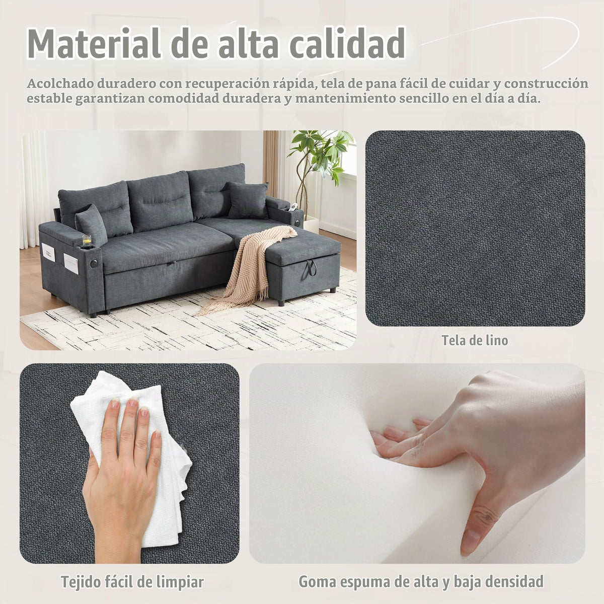 Dolamaní Sofá moderno de 4 plazas de tela de lino con espacio de almacenamiento y función de dormir, sofá cama con cajonera extensible en forma de L para casa y salón (beige B)