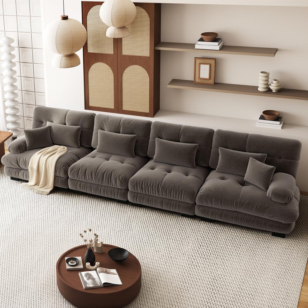 SoarFlash Sofá U Modular de 4 plazas para salón Moderno, sofá Nube de Tela Chenille con reposabrazos, Color Amarillo, 145×406 cm