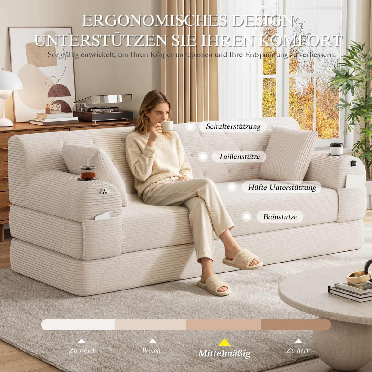YEHTOKHOME - Sofá de Velor acanalado con respaldo alto y estructura metálica, sofá moderno de 2 plazas con 2 portavasos y 4 bolsillos laterales, para salón, dormitorio (Beige)