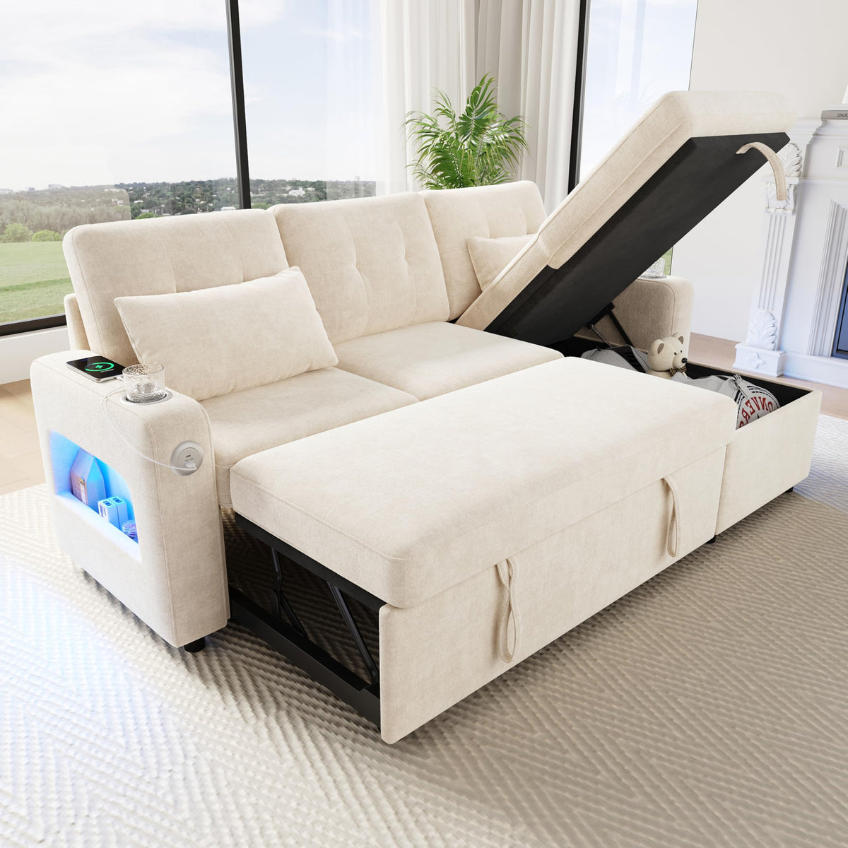 Sapgaks Sofá de esquina convertible de 6 plazas con USB, sofá convertible de 6 plazas, sofá de 6 plazas, en chenilla, con apoyabrazos en forma de librería, puf extraíble para configuraciones en L y en