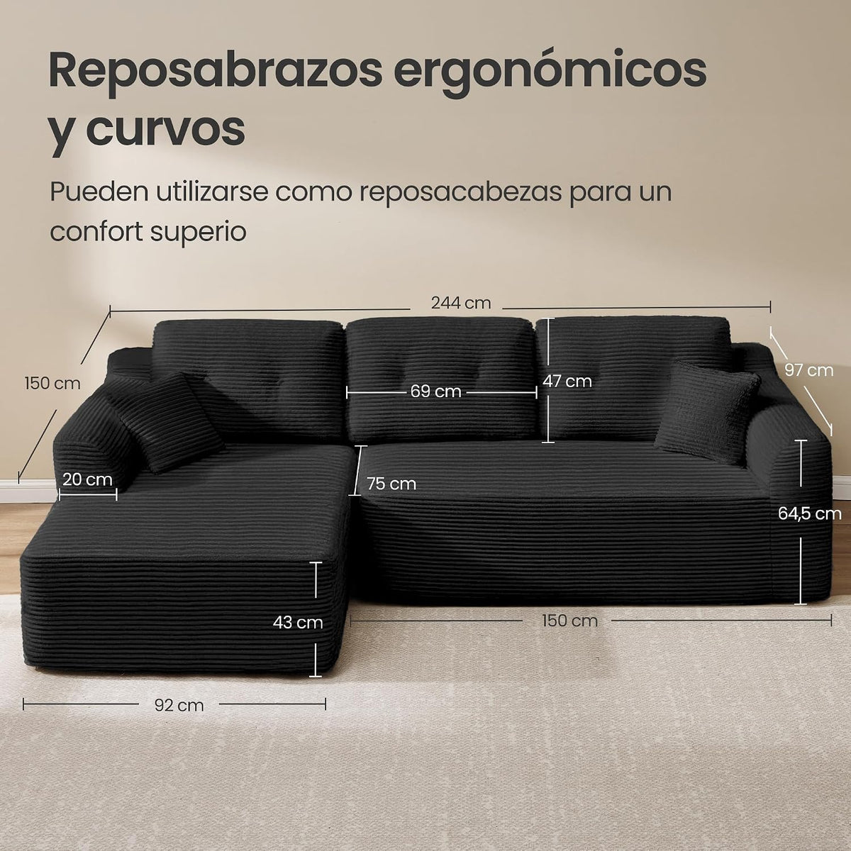 VASAGLE Sofá con Chaise Longue, Esquinero de Pana, Diseño Modular de 3 Plazas, 242 x 152 x 73 cm, Negro, para Salón, Colección Camila LCS183B101