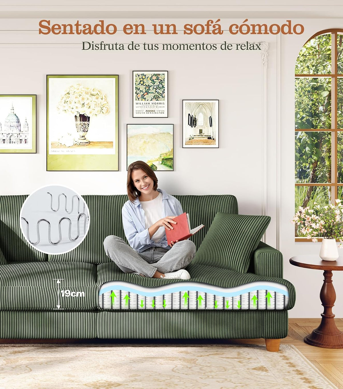 Kidirect Sofá de Pana de 3 plazas, 221 cm cómodo sofá de 53 cm Asientos Extra Profundos, sofá de salón Montaje sin Herramientas sofá Grande con 2 Cojines, sofá Moderno para Oficina,Verde Bosque