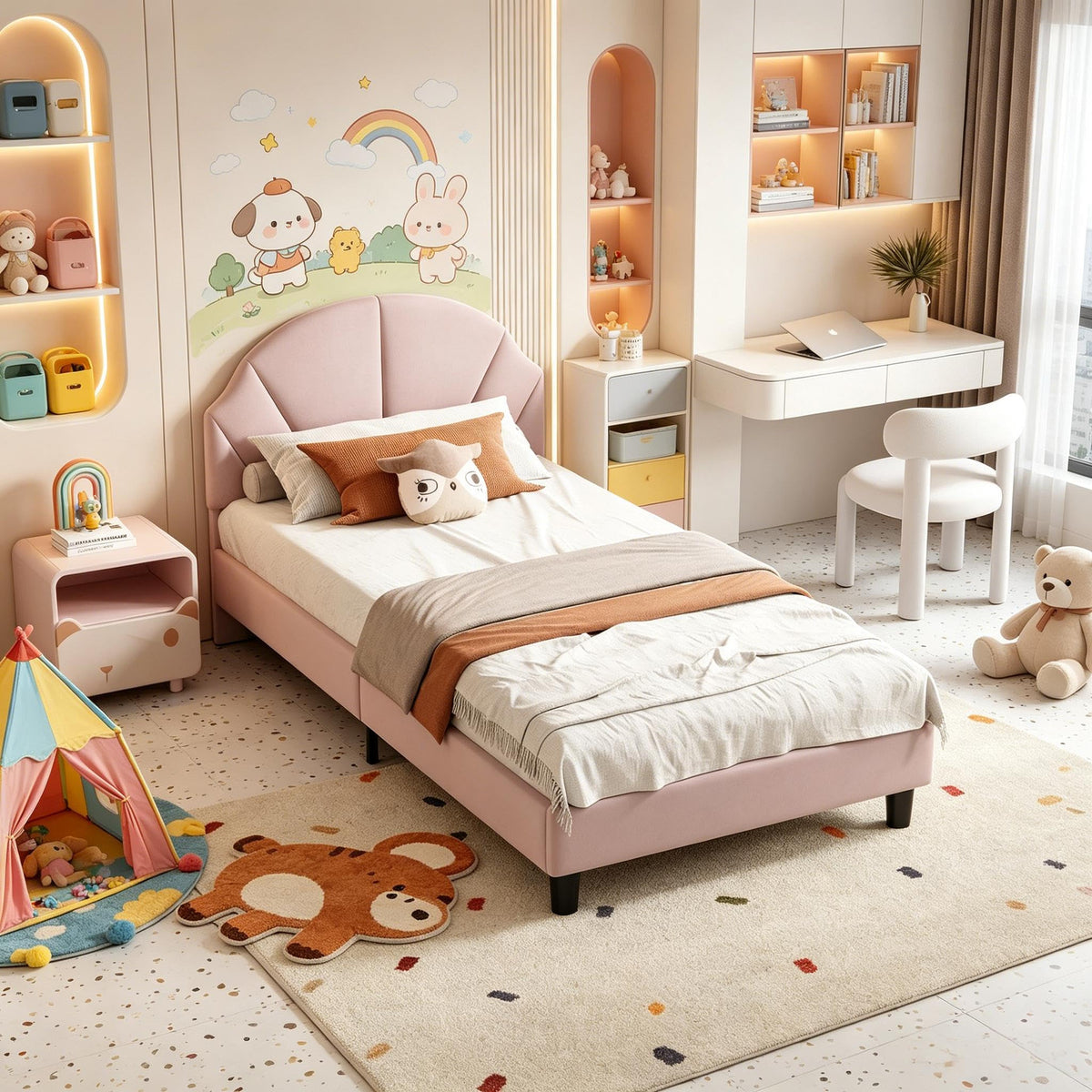 Cama Infantil tapizada 140 x 200 cm con LED, Cama tapizada para niños 140 x 200 con cabecera Ajustable Marco de Camas, Camas de Princesa para Niña en Forma de Corona con Somier(Rosa, 140 x 200)