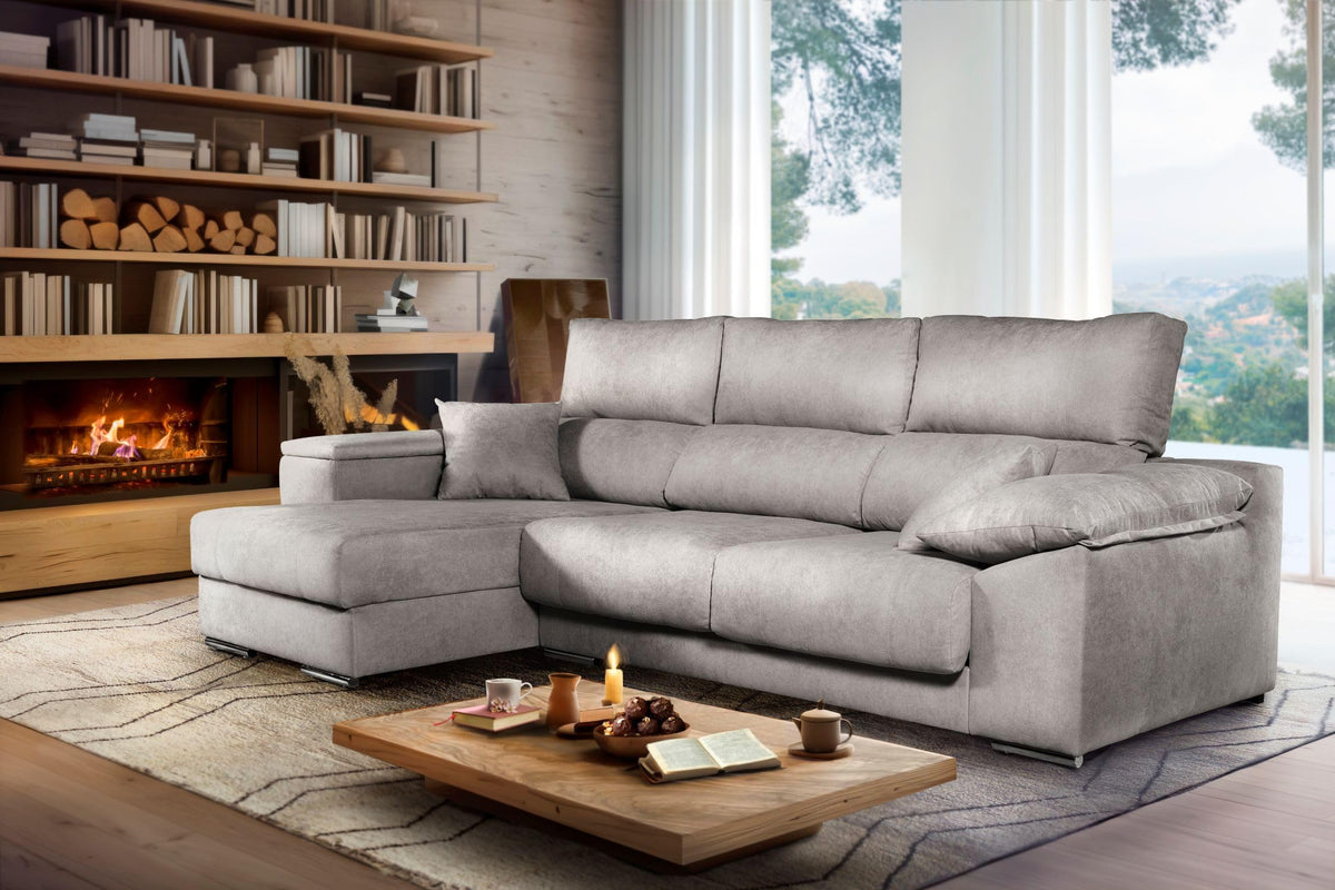 Sofá Chaise Longue Corsa Moderno y Contemporáneo | Confort Máximo con Asientos Deslizantes y Respaldos Reclinables | Tela Antimanchas Aqualine, Arcón de Almacenaje, Hecho en España – Beige Derecha