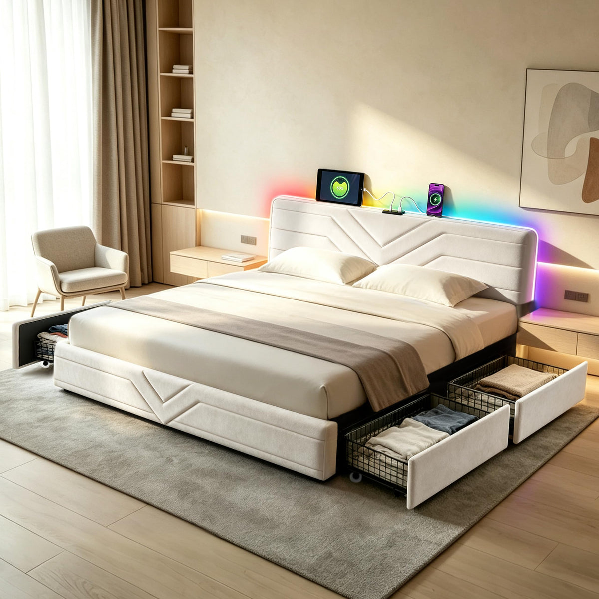 Armazón de Cama de Cuero 140x200cm con luz LED, Blanco