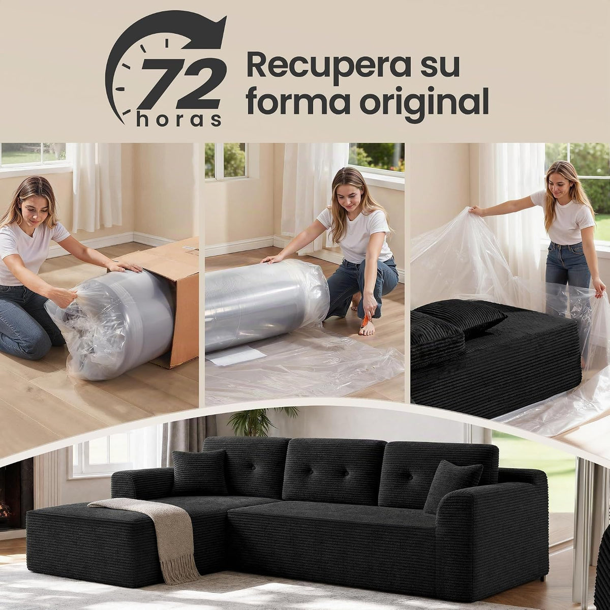 VASAGLE Sofá con Chaise Longue, Esquinero de Pana, Diseño Modular de 3 Plazas, 242 x 152 x 73 cm, Negro, para Salón, Colección Camila LCS183B101