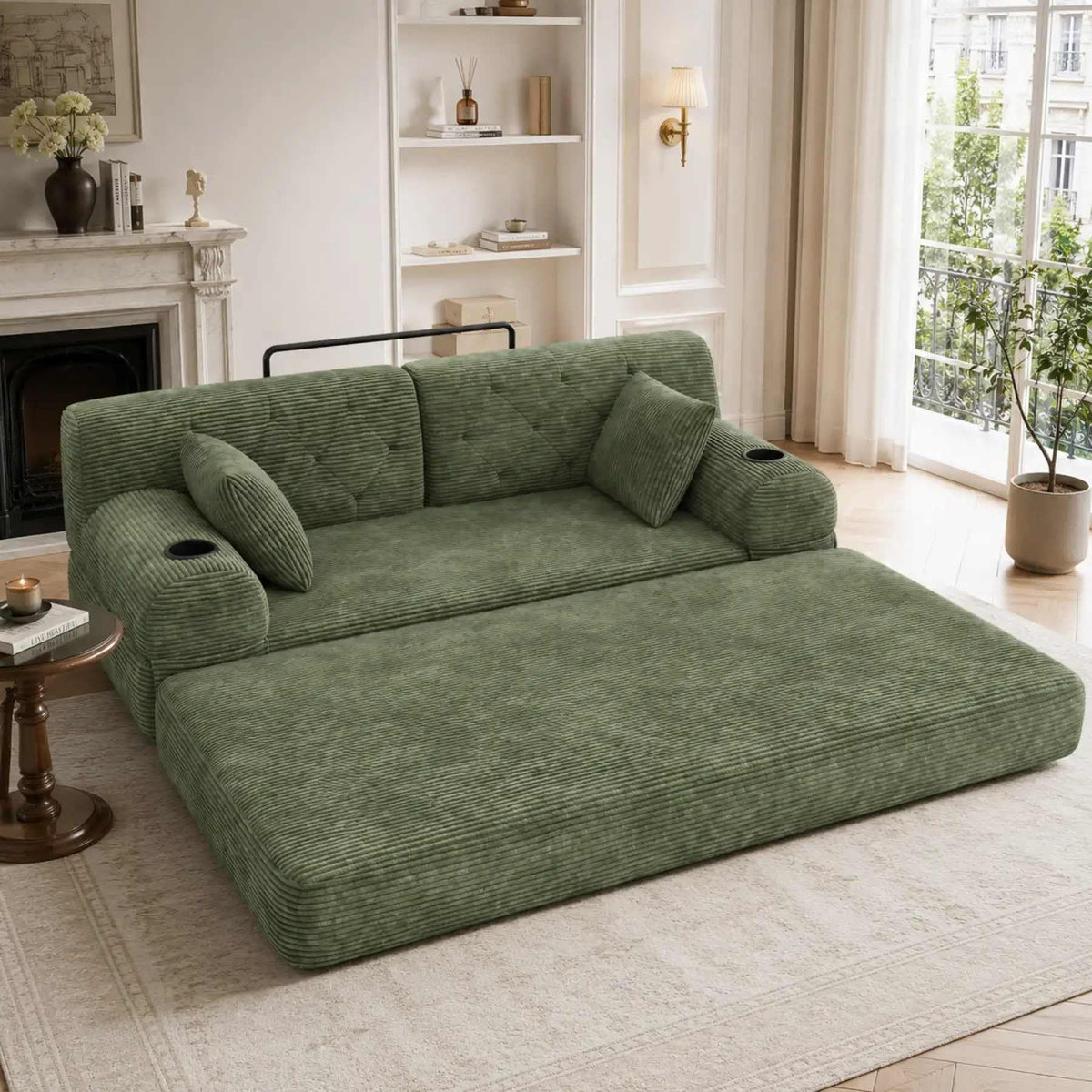 YEHTOKHOME - Sofá de Velor acanalado con respaldo alto y estructura metálica, sofá moderno de 2 plazas con 2 portavasos y 4 bolsillos laterales, para salón, dormitorio (Beige)