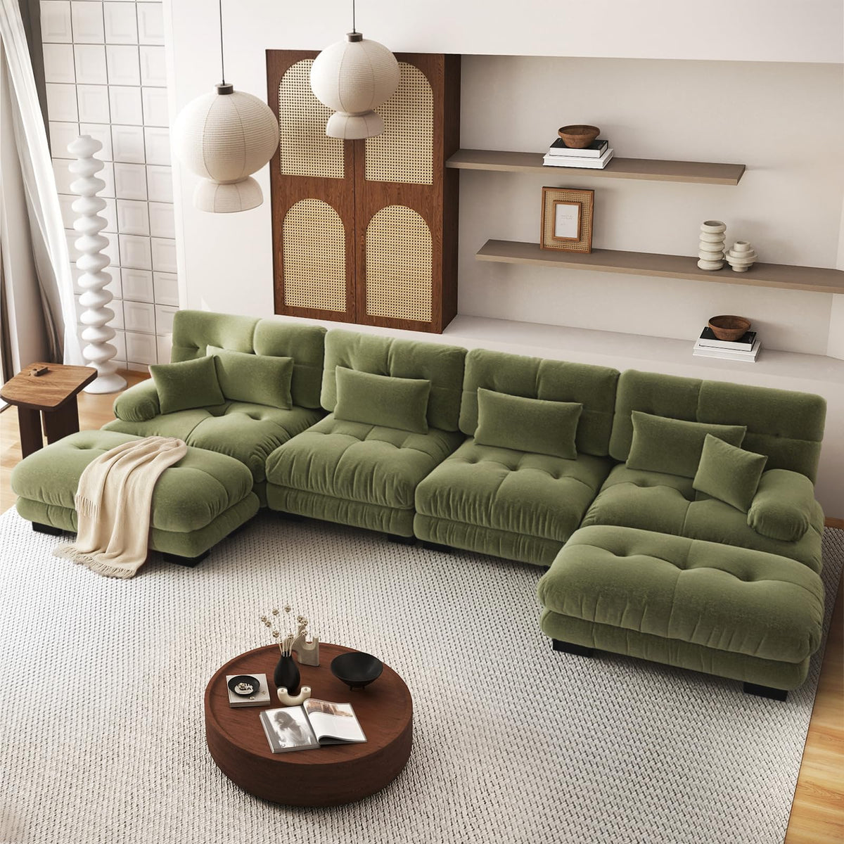 SoarFlash Sofá U Modular de 4 plazas para salón Moderno, sofá Nube de Tela Chenille con reposabrazos, Color Amarillo, 145×406 cm