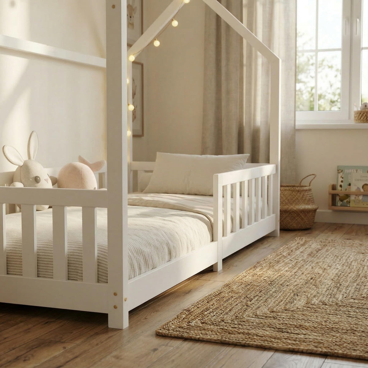 ecomi® Cama Infantil con Protección Anticaídas, Blanco, 80x160 cm