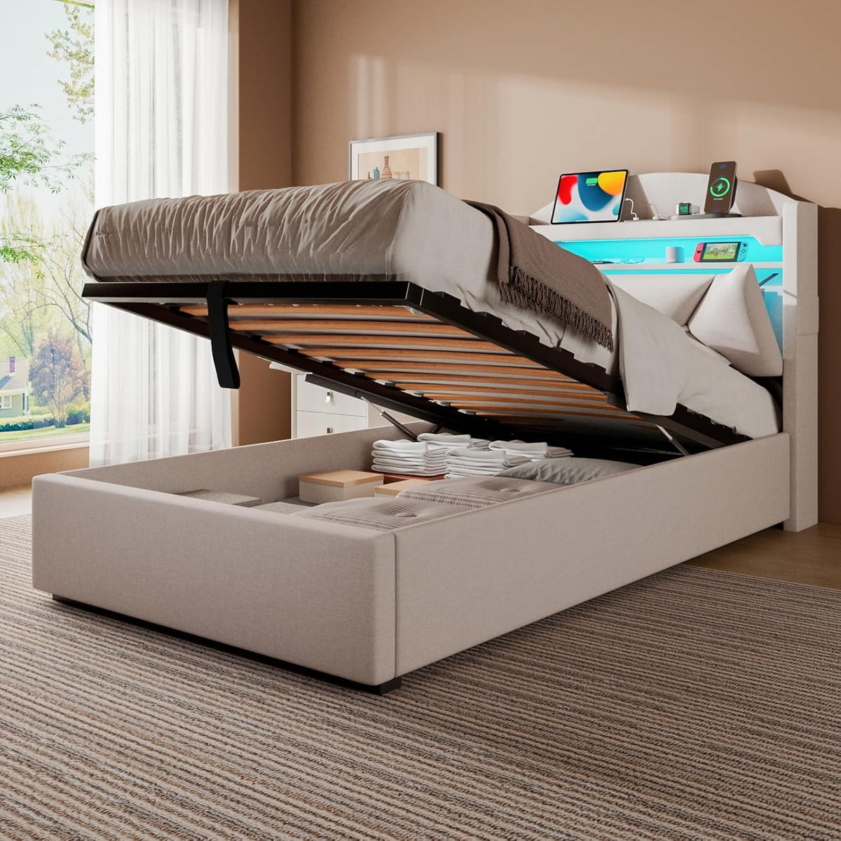 Cama 90x200 cm con Almacenamiento, Cama Individual con LED, Puertos USB y Type-C, Somier 90x200 Hidráulico, Camas Juveniles Camas Infantiles con Cabecero, Lino, Beige, Colchón No Incluido