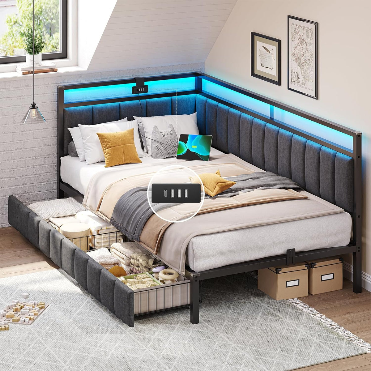 DICTAC Cama Tapizada Sofá Cama 90 x 190 cm con iluminación LED y Toma USB,Camas Juvenil con 2 cajones de Almacenamiento, Estructura de Cama de 90x190 con somier de láminas de Metal, Gris Oscuro